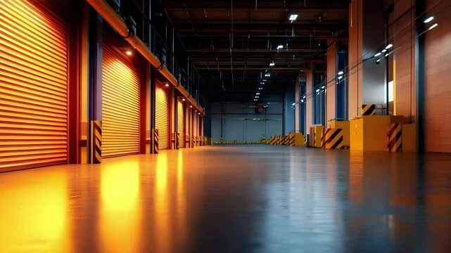 A well-lit industrial warehouse or storage facility featuring orange roll-up doors and a polished floor.