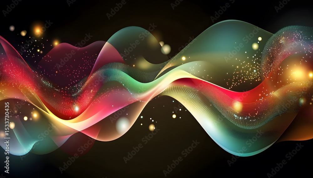 Poster abstract design with flowing, colorful lines and shimmering particles.