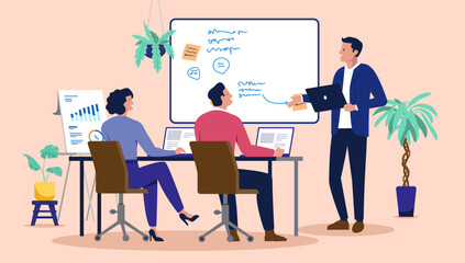 Business people having an office meeting, with a presenter standing by a whiteboard and colleagues working on laptops, engaging in a training session or strategic discussion. Flat design illustration