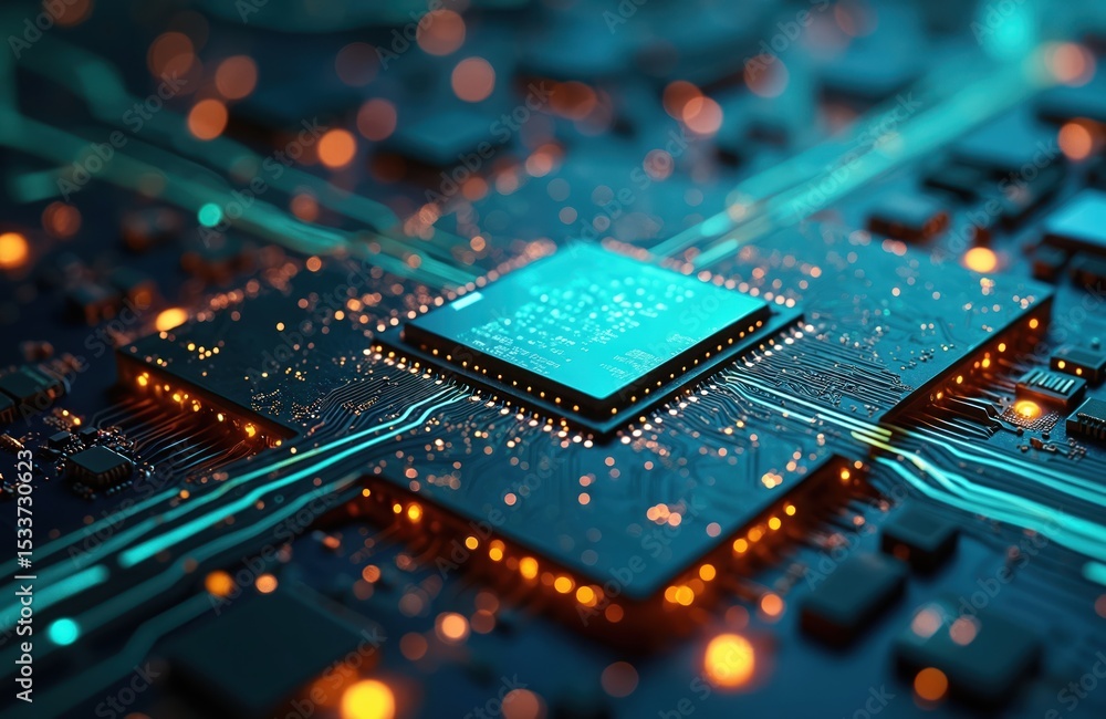 Poster quantum processor, data streams, pulses of blue-green light show deep intelligence. computing power.