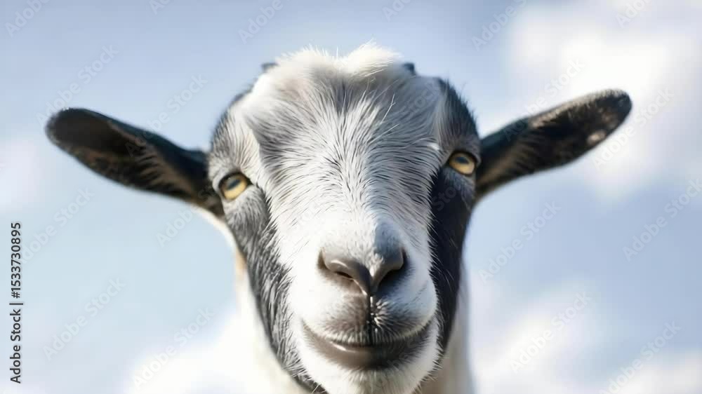 Poster a close-up of a goat's face with a playful expression against a soft, cloudy background.