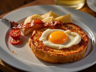 Realistic breakfast food photography, focus on the glistening oil on the bacon, the sheen of the egg yolk, and the crisp edges of the toast, warm and inviting.