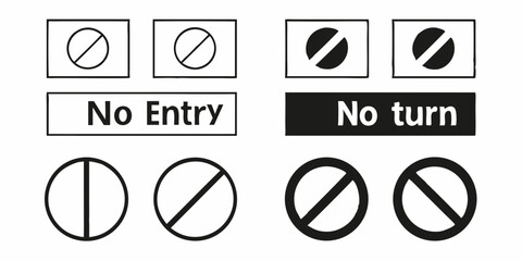 Illustration of prohibition signs including no entry and no turn signs with different representations