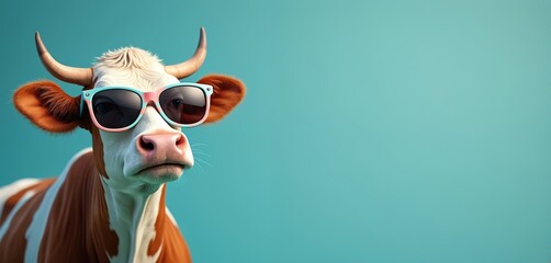Fun AI generated illustration of cow wearing sunglasses against blue background. Surreal animal portrait, funny dairy cow on vacation. Creative concept for summer holidays. Cool, happy, relax theme.