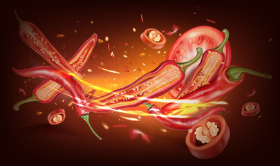 Chili splashing elements ads isolated on solid color background, Vector realistic in 3D illustration.