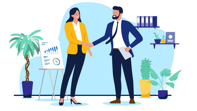 Two business people shaking hands in an office setting, symbolising a successful deal, partnership, or interview with a presentation board in the background. Flat design vector illustration - Powered by Adobe
