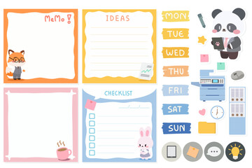 Kawaii Office Memo Pad and Planner Template, Cute Business Vector Set. Adorable Work Planner and Checklist Design with Office Supplies Clipart. 