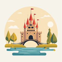 Fototapeta premium Medieval old gothic castle with a bridge, trees and village in the background