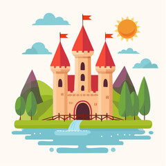 Medieval old gothic castle with a bridge, trees and village in the background