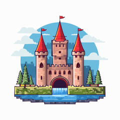 Medieval old gothic castle with a bridge, trees and village in the background