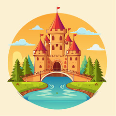 Fototapeta premium Medieval old gothic castle with a bridge, trees and village in the background