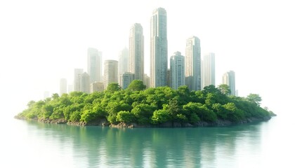 City island with modern skyscrapers, rich green vegetation isolated on white background. Urban structures contrasted with nature, promoting eco friendly living. Sustainable design, green city concept.