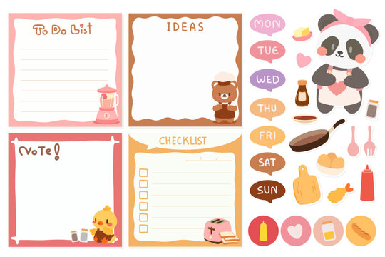 Kawaii Cooking Planner Notes and Checklist Set, Cute Vector Stationery. Cute Kitchen-Themed Memo Pad Templates, Weekly and To-Do List Clipart. 