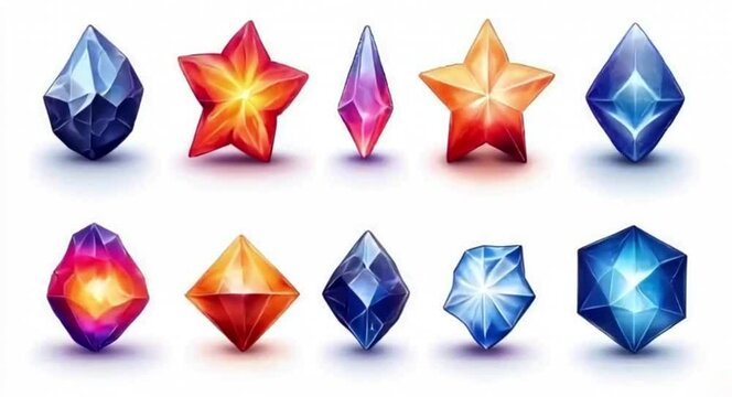 Colorful gem icons, various shapes and colors