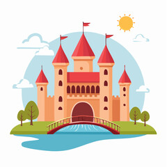 Medieval old gothic castle with a bridge, trees and village in the background