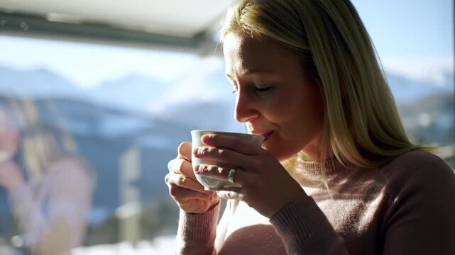 Young woman enjoying a cup of hot drink with steam, looking out at snowy mountains. Winter holiday relaxation and cozy ambiance footage.