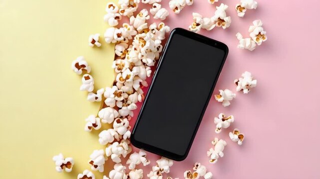 A smartphone rests on a pastel background surrounded by scattered popcorn kernels.