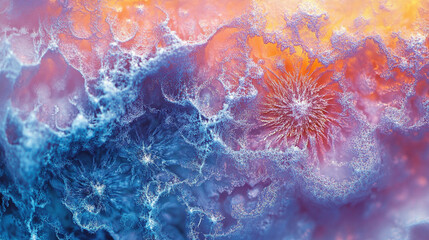 An ethereal dance of cosmic colors where fiery orange kisses serene blue swirling together in a breathtaking nebula of