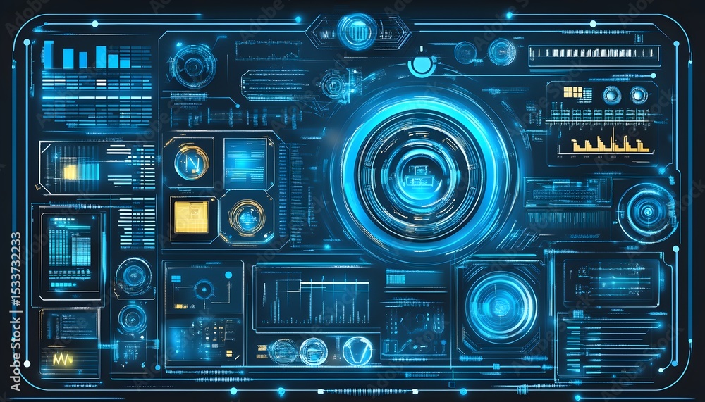 Poster futuristic digital display with glowing interface elements.