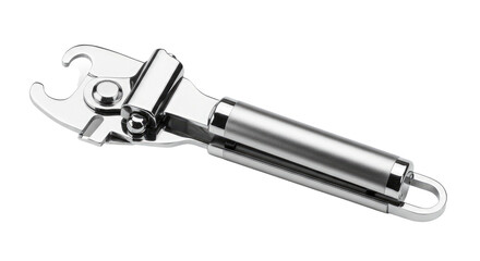 Gleaming Stainless Steel Can Opener with Distinctive Hook and Handle Design.