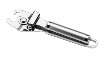 Gleaming Stainless Steel Can Opener with Distinctive Hook and Handle Design.