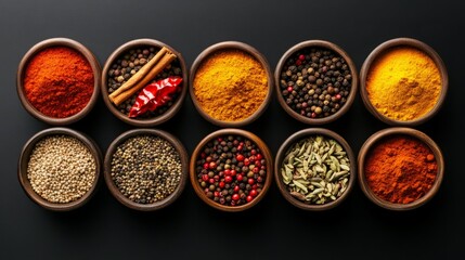 Aromatic spices in small bowls arranged on a dark surface.  Vibrant colors and textures of various herbs and seasonings.