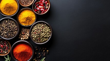 Aromatic spices in small bowls on a dark background.  A vibrant collection of culinary seasonings.