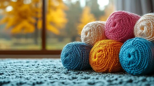 Colorful yarn balls on a cozy knit surface.
