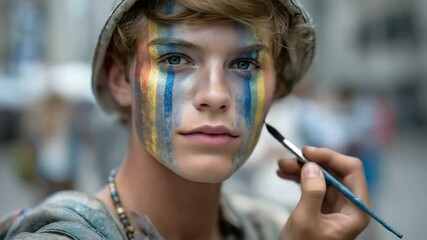 Vibrant rainbow face paint applied at a colorful Pride event - Powered by Adobe