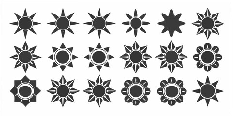 Collection of varied sun and flower shapes in black and white vector graphic illustration art design