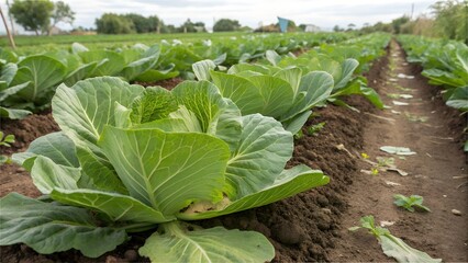 White cabbages growing naturally in fresh green vegetable field