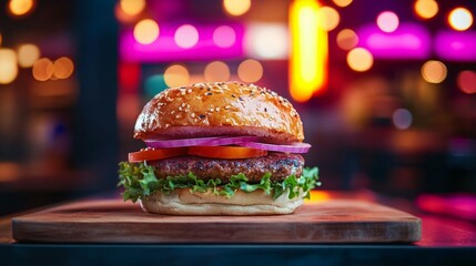 Juicy beef burger with sesame seed bun, red onion, tomato, and lettuce.  A delicious meal in a vibrant setting.