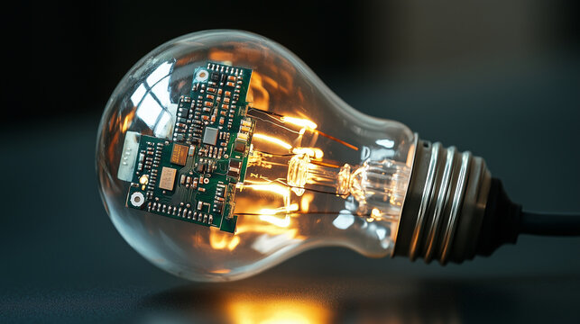Smart light bulb disassembled, showing internal microchip and diodes