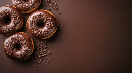 Four chocolate donuts with chocolate shavings on a dark brown background. A delicious treat for any occasion!