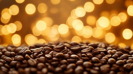 Roasted coffee beans against a warm, bokeh background. The rich brown tones and soft glow create a cozy and inviting atmosphere.