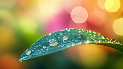 Close-up of a vibrant green leaf glistening with morning dew, set against a bokeh background of warm, pastel colors.  Nature's beauty at its finest.