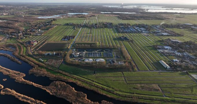 cleaning of water on industrial scale, waste water treatment plant. Purifying water. Aerial view. The Netherlands.