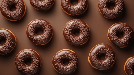 Overhead shot of chocolate donuts with sprinkles arranged on a brown background. A delicious sweet treat!