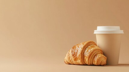 A delicious golden-brown croissant sits beside a disposable coffee cup against a beige background. The perfect breakfast or brunch pairing!