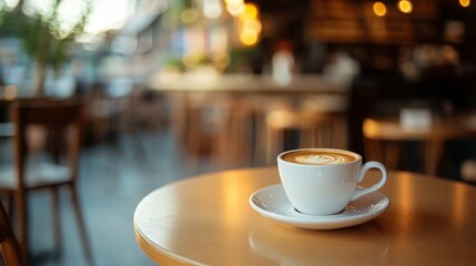 A cup of latte art coffee sits on a wooden table in a cafe. Warm lighting and a blurred background create a cozy atmosphere.