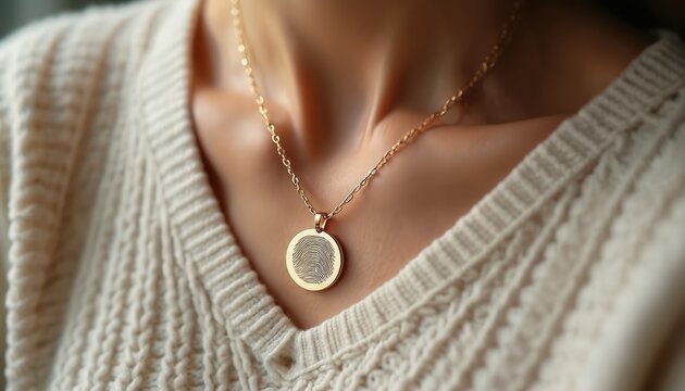 Golden pendant necklace features fingerprint engraving. Personalized jewelry item. Elegant accessory, luxury fashion gift. Custom design keepsake for special occasion. Woman wearing necklace with