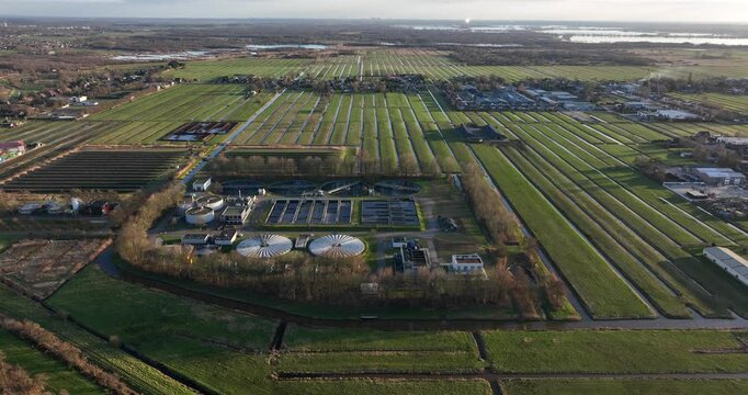 cleaning of water on industrial scale, waste water treatment plant. Purifying water. Aerial view. The Netherlands.