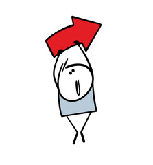 Cartoon funny man draws attention to important information by holding a large red arrow over his head. Vector illustration of doodle stickman and the direction to the right, the turn sign.