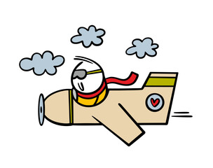 Cartoon brave pilot is flying in the clouds on an antique airplane. Vector illustration of air transport in the sky. Isolated funny character on white background.