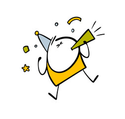 Funny cartoon child is celebrating his birthday. dancing, jumping and blowing a pipe. Vector illustration of a holiday, birthday or corporate party.