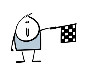 Cartoon stickman stands at the finish line and waves a checkered flag. Vector illustration of a man and a sports competition, a race of racing cars.