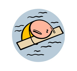 Unfortunate stickman is floating alone in the sea on a board. Vector illustration of a shipwreck victim in the open ocean. Unhappy wet cartoon man without strength and hope is waiting for help.