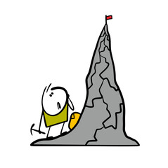 Cartoon confused man looks at the top of a high mountain. Vector illustration of a climbing tourist and a flag on a rock in the sky