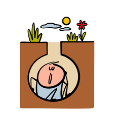 Funny cartoon stickman is hidden deep underground. Vector illustration of a boy sitting in a hole. Doodle cozy home for an animal. Isolated character on white background.