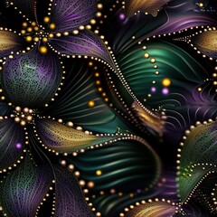 An abstract seamless pattern of glowing 3D lace-like leaves and organic shapes in shades of purple, green, and gold, illuminated by scattered light beads, creating a mysterious and luxurious effect.